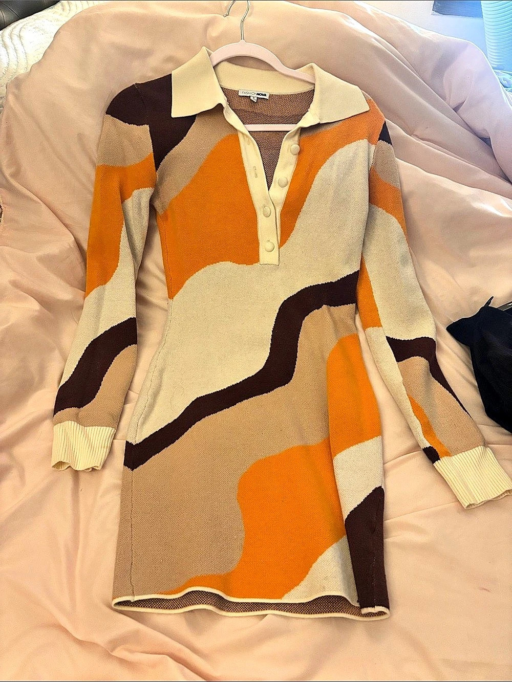 Fashion Nova Abstract Pattern Long Sleeve Mini Dress in Orange & Brown